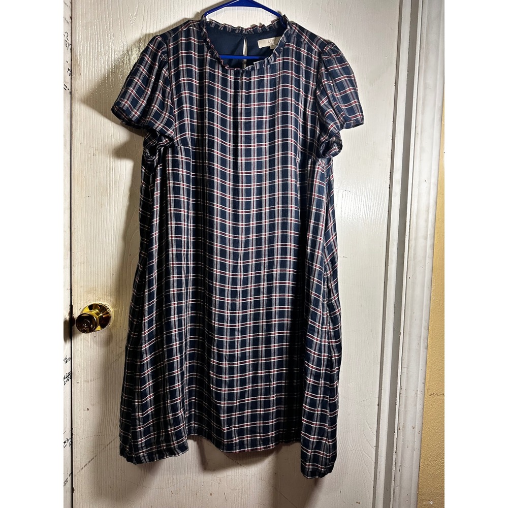 LOFT Plus Navy Blue Red Plaid Ruffle Neck Pocket Shift Dress 14 517425